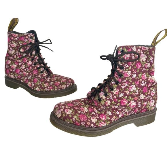 Dr. Martens Page Cherry Red Rose Canvas Boots Lace-Up Purple Floral US 8 - Picture 1 of 9
